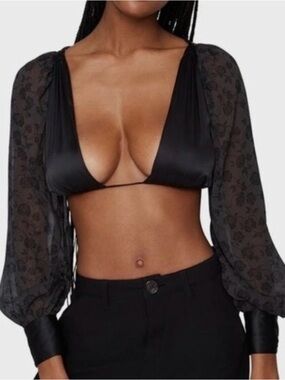 NWT Danielle Bernstein by WeWoreWhat Black Puff Sleeve Tie Back Top, Size XXL